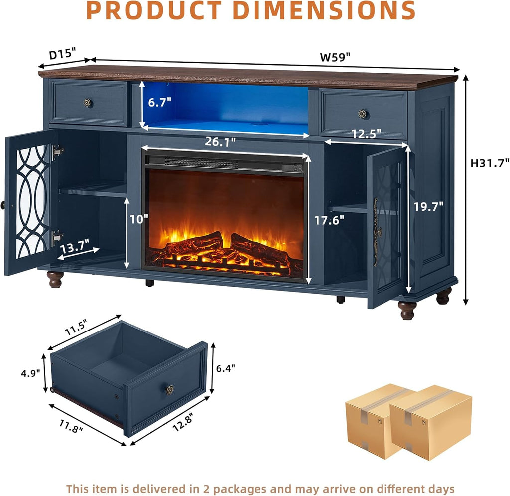 59 Inch Farmhouse Fireplace TV Stand with Electric Fireplace, LED Lights, Glass Door Media Console with Drawers for TVs up to 65 Inches, Blue