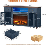 59 Inch Farmhouse Fireplace TV Stand with Electric Fireplace, LED Lights, Glass Door Media Console with Drawers for TVs up to 65 Inches, Blue