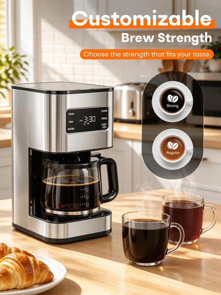 12 Cup Drip Coffee Maker Programmable, Regular & Strong, LED Display