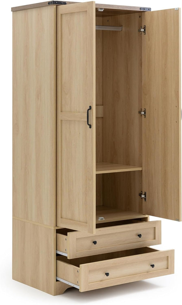 Wooden Armoire Wardrobe Closet with Drawers, Natural, Set of 2 | 4 Modern Doors, Freestanding, with 4 Drawers and
