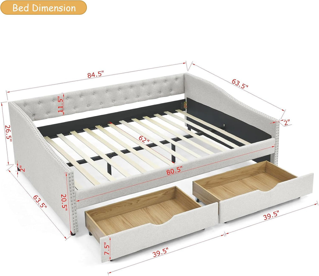 Wood Queen Size Daybed, Day Bed Frame with 2 Storage Drawers, Upholstered Bed Frame Queen Sofa Couch with Button and