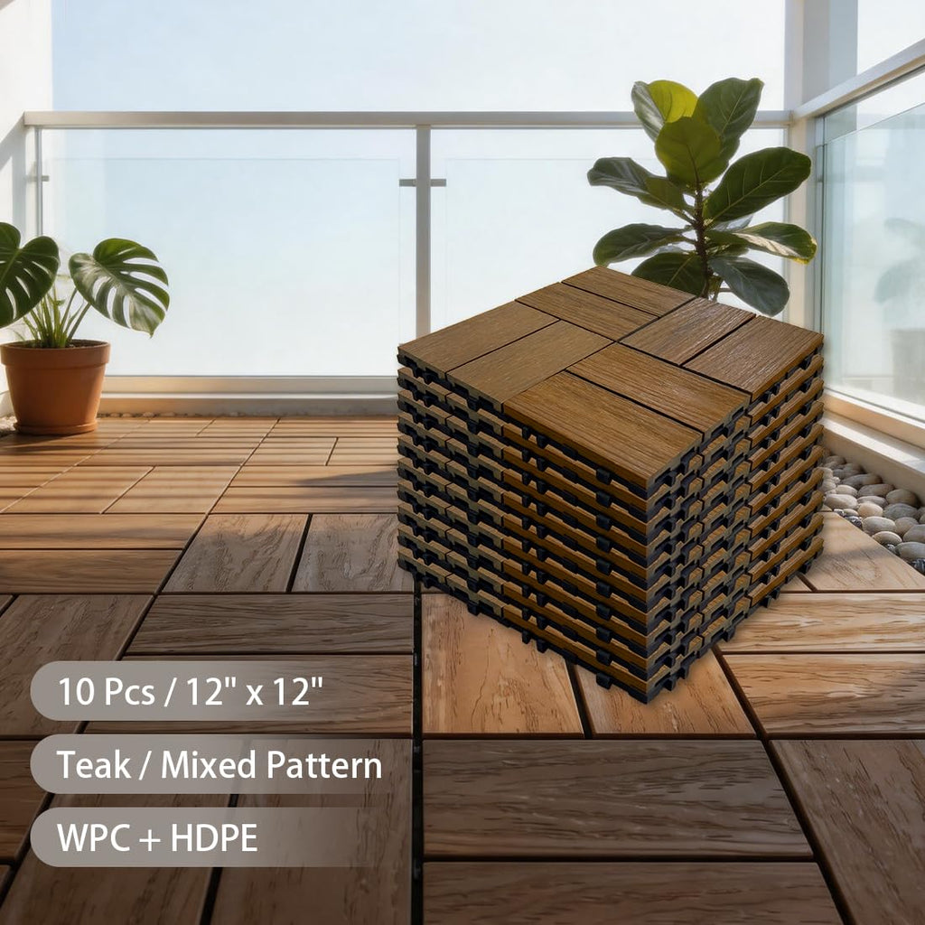 JJWOOD Interlocking Deck Tiles, 10 Pcs 12" x 12" WPC Patio Flooring, Co-Extruded Wood-Look Outdoor Floor Tiles for