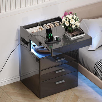 Led Nightstand with Hidden Space, Modern Night Stand with Charging Station, 3 Drawer Smart Nightstand with Glossy