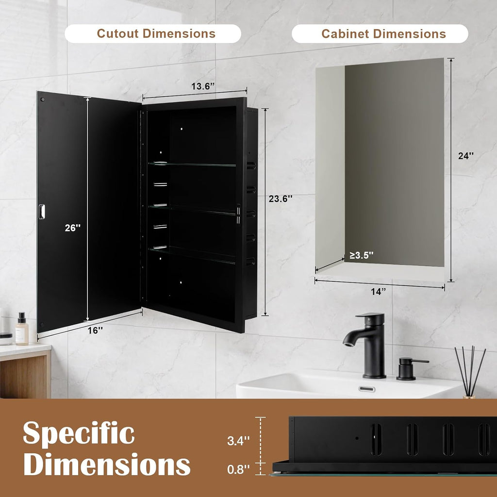 16x26'' Bathroom Medicine Cabinet Mirror with Storage, Surface Mount or Recessed Medicine Cabinet with 4-Tiered