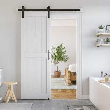 30 x 84 inch White Sliding MDF Barn Door with 5FT Black Sliding Door Hardware Kit & Handle, Pre-Dril