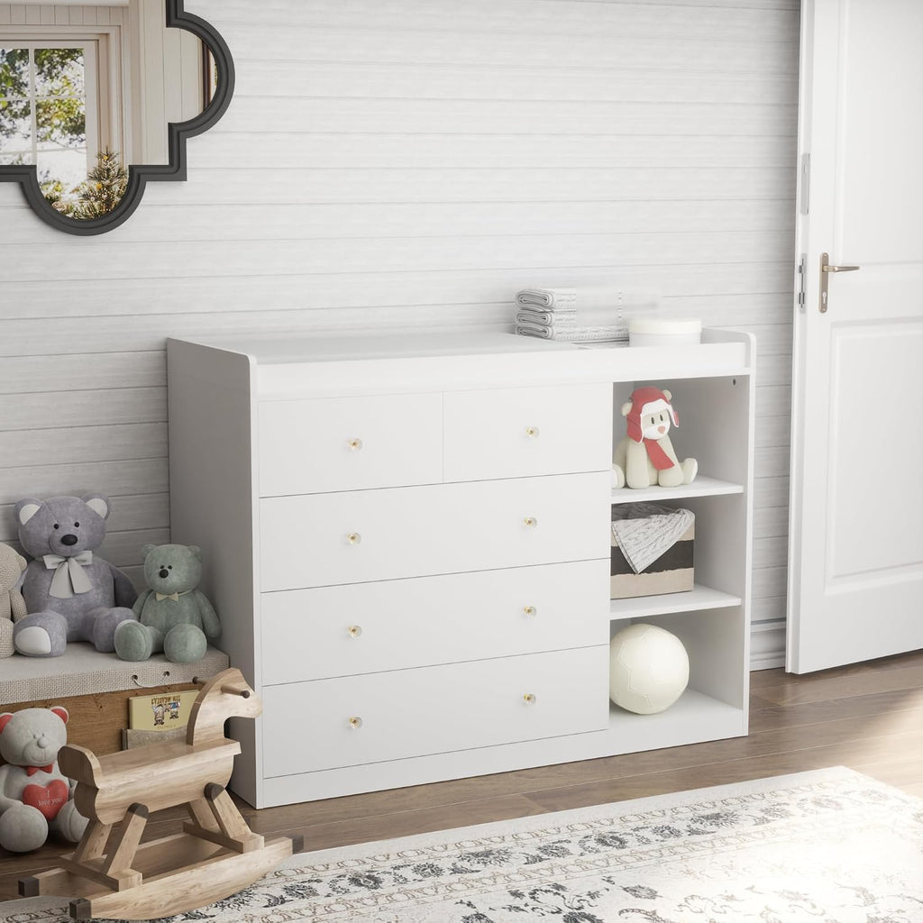 Baby Dresser Changing Table with 5 Drawers(47.2" W x 19.6" D x 36.2" H) | Waterproof Diaper Changing Station with 3