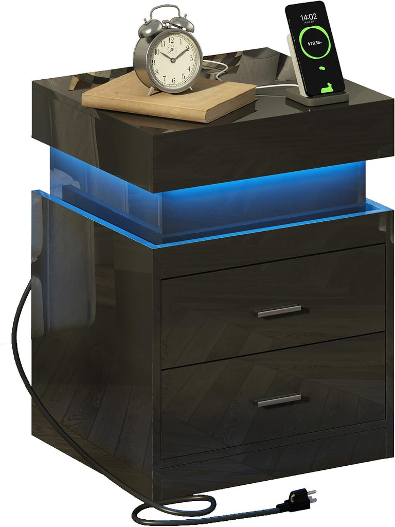 LED Nightstand with Charging Station,Smart Night Stand with Sliding Top Storage, 2-Drawers High Gloss Bedside Table