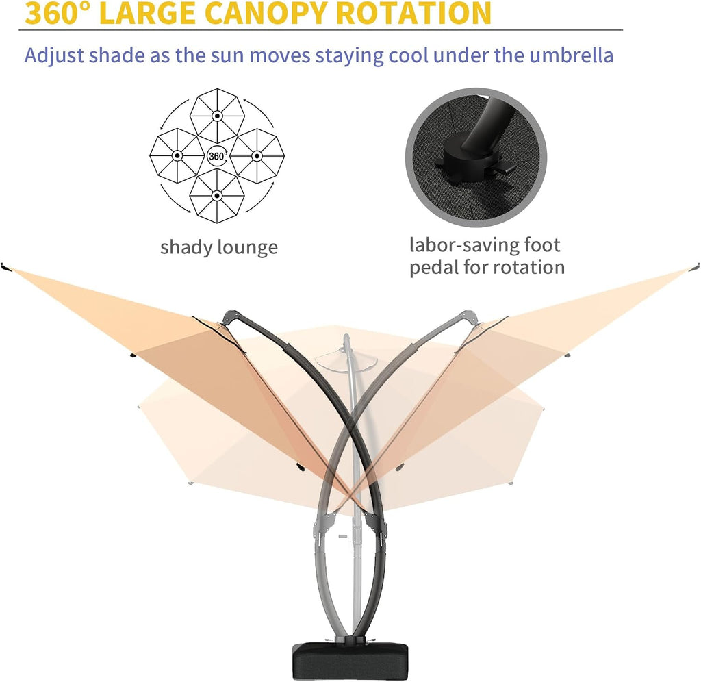11ft Offset Cantilever Patio Umbrella with Solar Lights, Large Round Outdoor Umbrella with Base Included