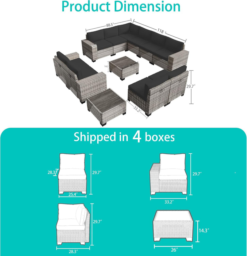 Outdoor Patio Furniture Set PE Wicker Rattan Outdoor Sectional Sofa | Patio Conversation Set with Chunky Arms