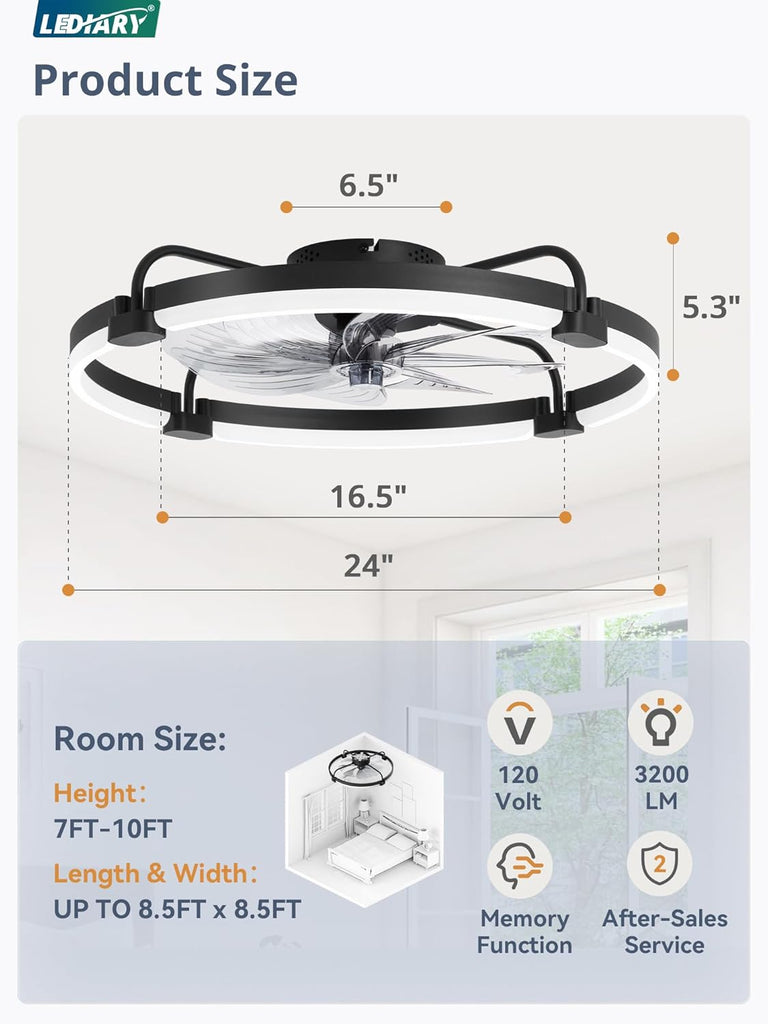 Ceiling Fans with Lights and Remote, 24'' Low Profile Ceiling Fan with Light