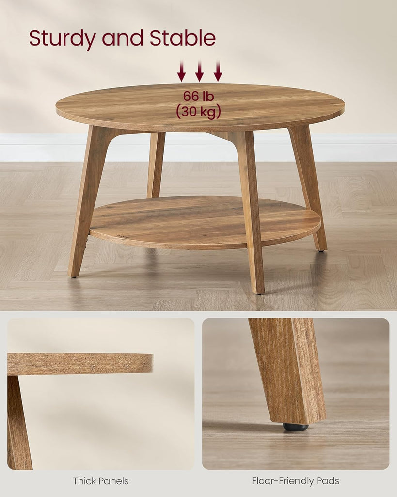 Collection - Round Coffee Table, 2-Tier Center Table with Storage, Tapered Legs, Curved Transitions