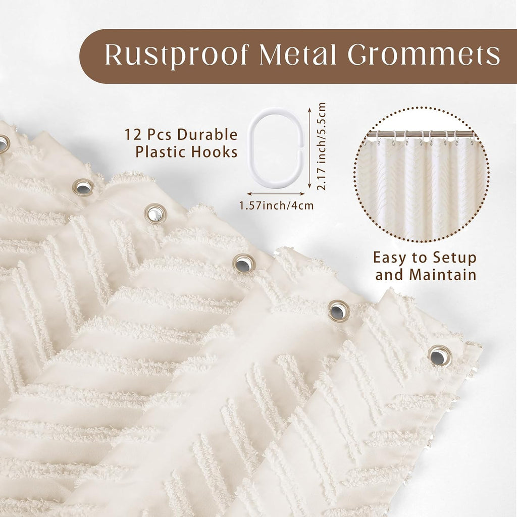 Cream White Boho Shower Curtain 72 x 72'' Neutral Textured Shower Curtain Woven Fabric Bathroom Curtains with Tassel