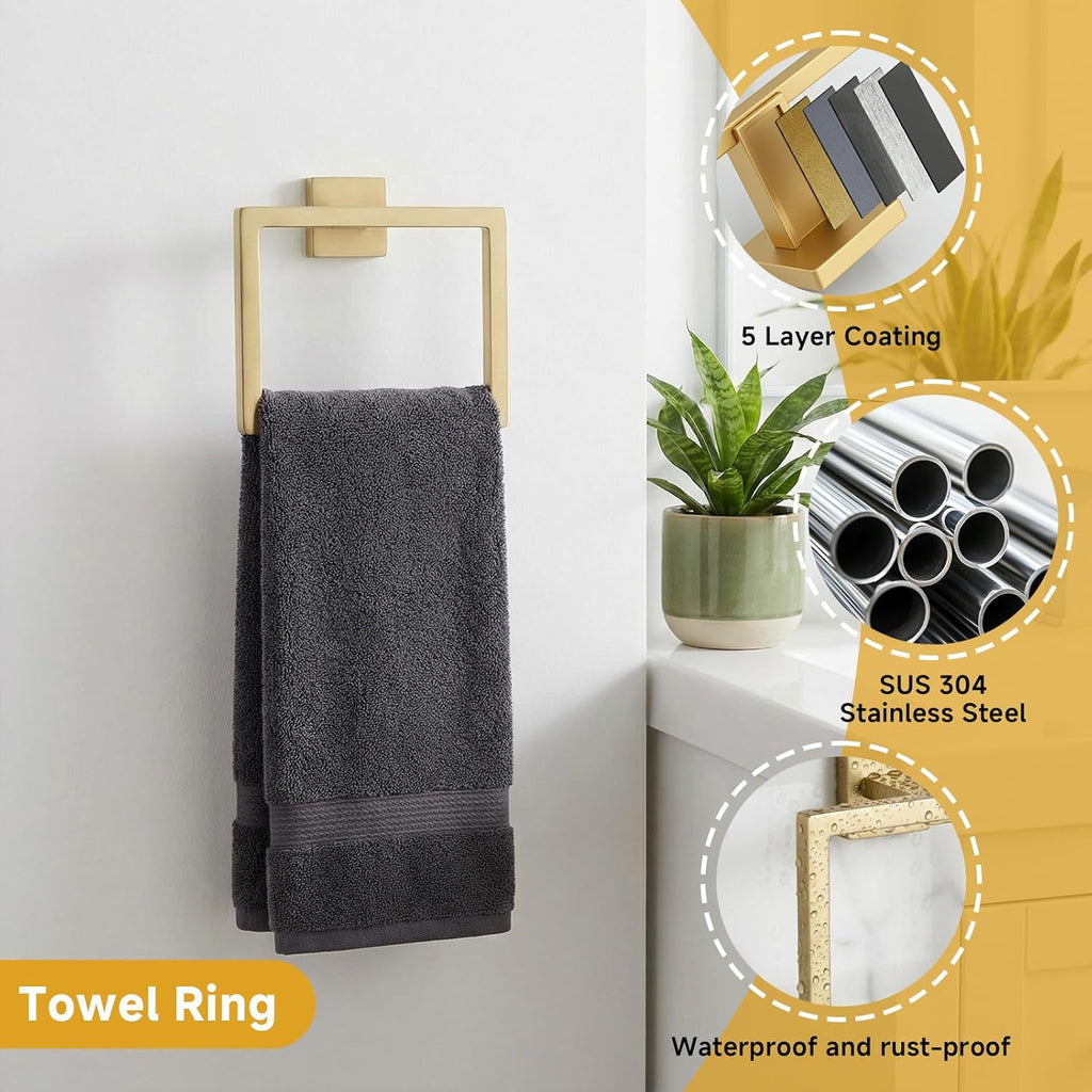 5-Piece Brushed Gold Bathroom Accessory Set, 16 Inch Bathroom Hardware Set, Towel Racks , SUS304 Stainless Steel Wall