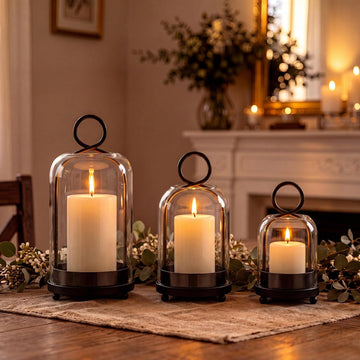 3 Set Hurricane Glass Candle Holder with Hanging Hook,Black