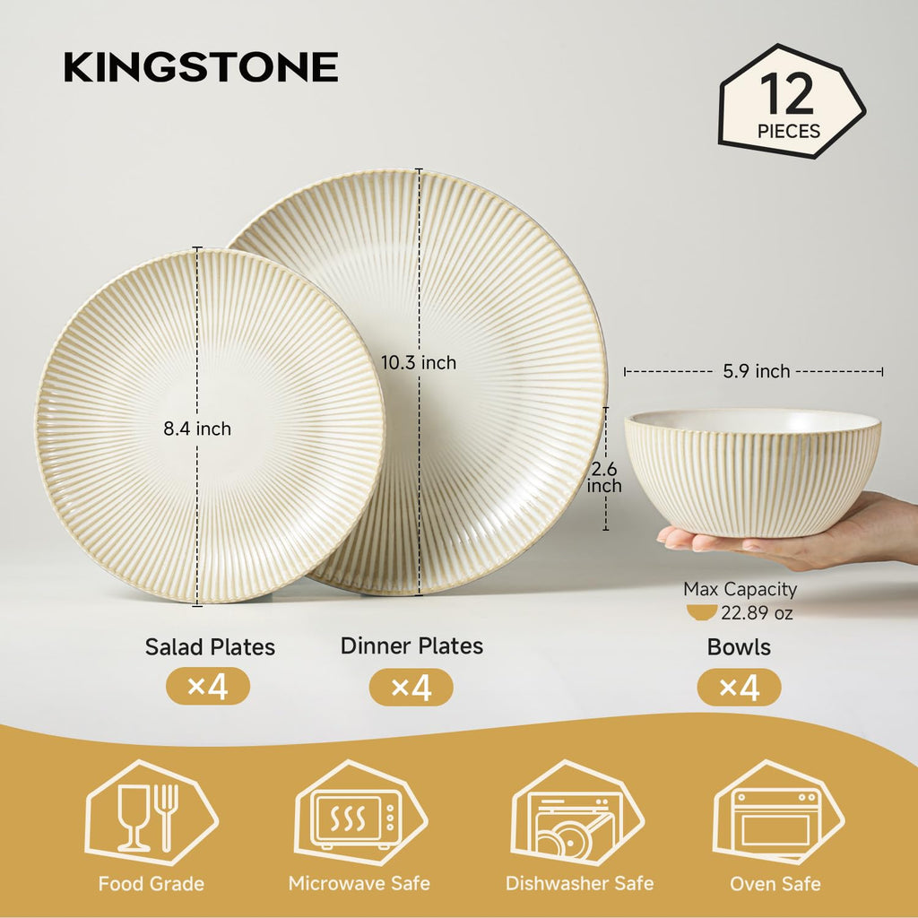 12-Piece Stoneware Dinnerware Set, Beige Reactive Glaze for 4