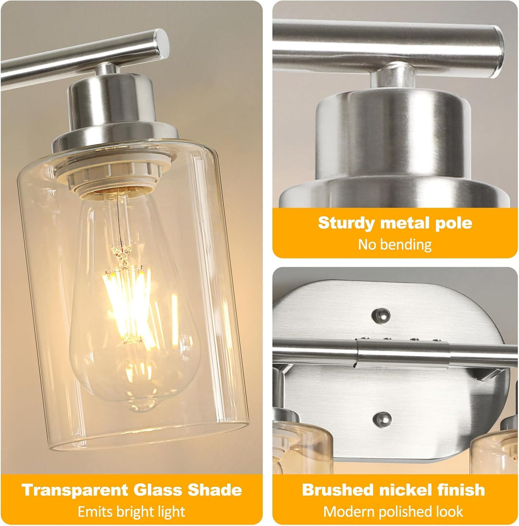 Bathroom Light Fixtures, 4 Light Vanity Lights , Brushed Nickel Wall Lamp with Clear Glass for Mirror, Living Room