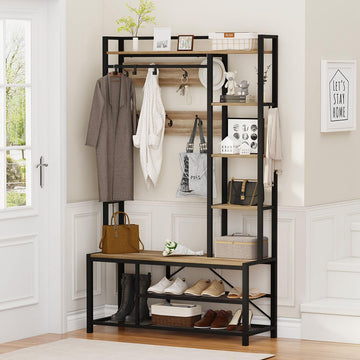 Farmhouse Hall Tree, Mudroom Bench with Shoe Storage, Large Coat Rack Shoe Bench with 5 Tier Open Shelves
