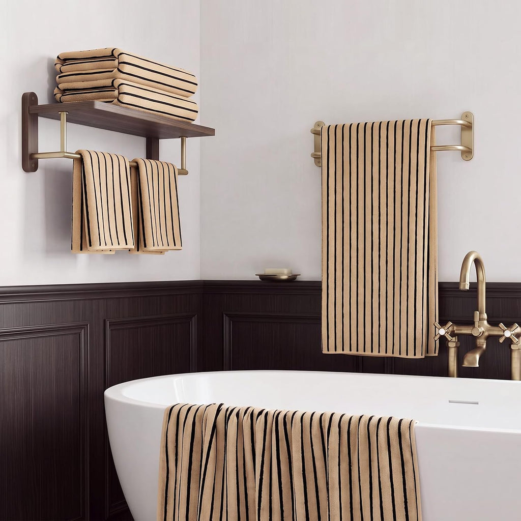 Striped Microfiber Bathroom Towel Set, Lightweight-Khaki | Highly Absorbent 6-Piece Microfiber Towel Set, 2 Bath