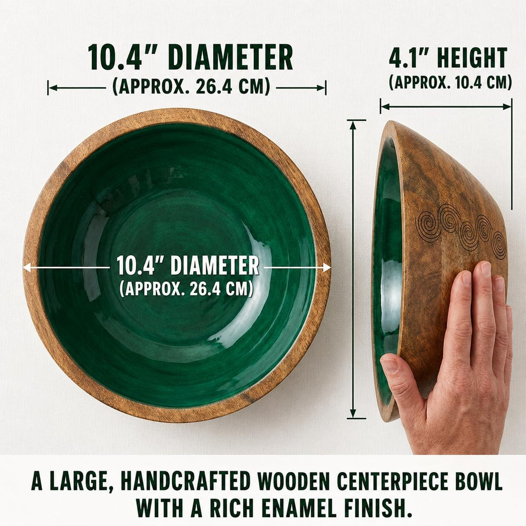 Wooden Decorative Bowl with Green Interior, Mango Wood Bowl Decor | Modern Fruit Bowl Counter; Hand-Carved Coffee