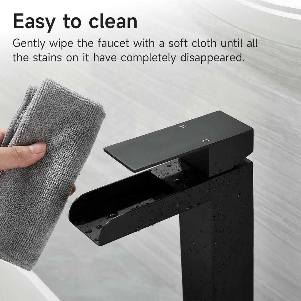 Black Tall Waterfall Bathroom Faucet, Single Hanlde Vessel Sink Faucet with Waterfall Spout