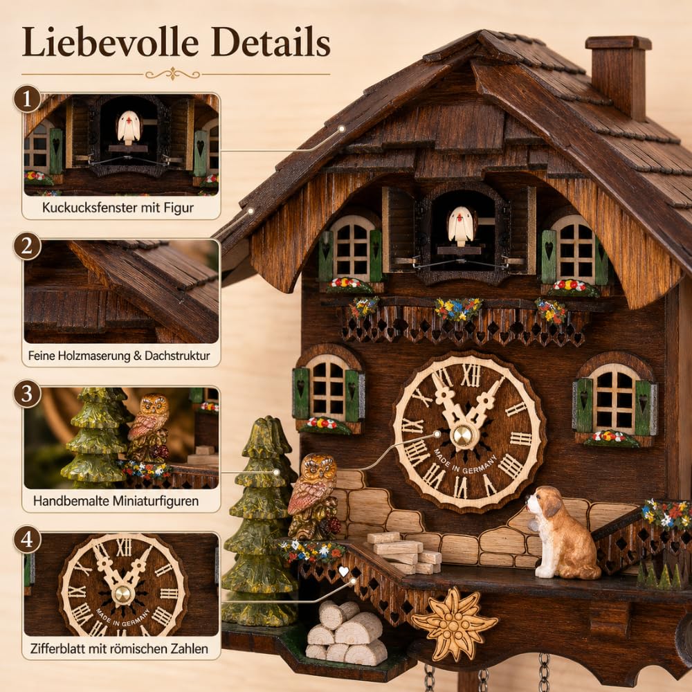 Saint Bernard Chalet Cuckoo Clock - 32 cm Quartz Clock, Traditional Black Forest House Design, Brown