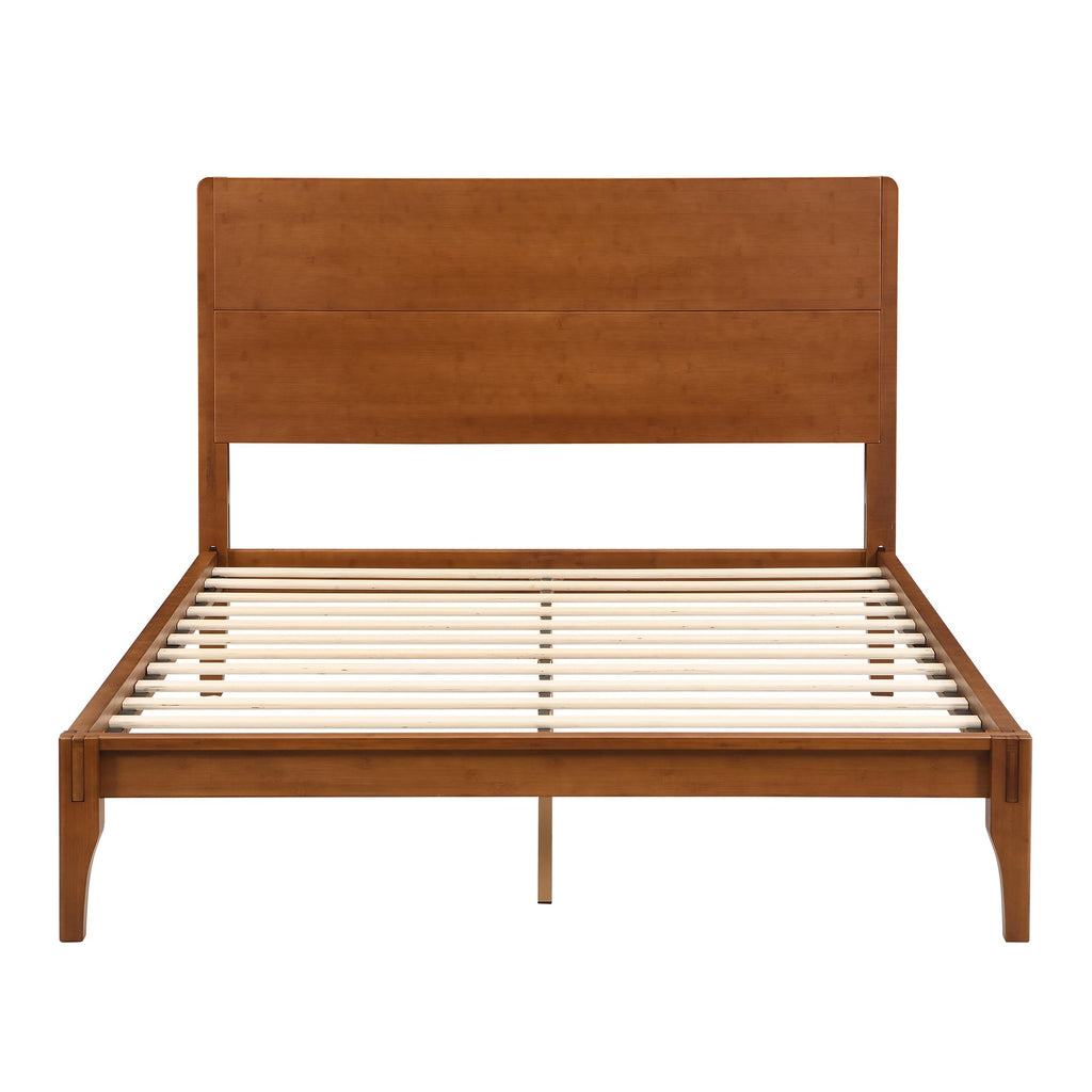 Full Size Mid Century Bamboo Wood Bed Frame with Headboard, Brown