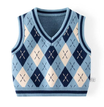 Toddler Kids Girl Boy Sweater Vest Knitted Cotton Warm Vest Clothes Outfit Plaid Pattern Blue