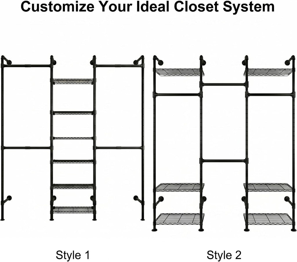 F3 Wall Mounted Closet System, Industrial Pipe Clothing Rack for Hanging Clothes, Heavy Duty Closet Organizer System