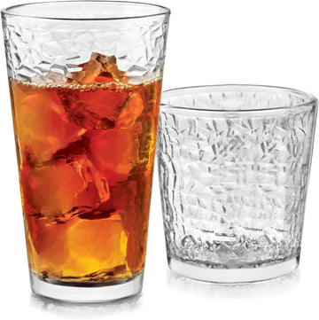 Yucatan Tumbler and Rock Drinking Glasses Set, Textured 16 Piece Glassware Set, All Purpose Glass Cups for Events and Everyday Use