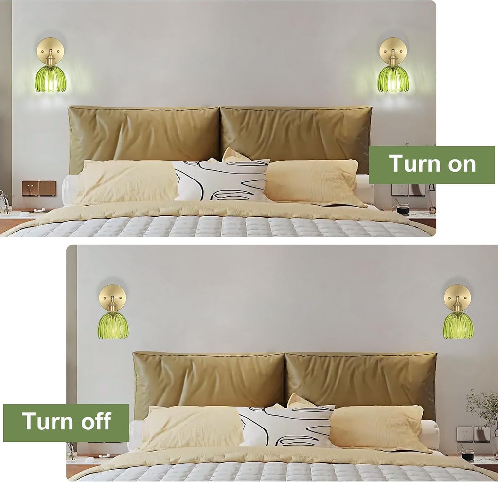 Hardwired Wall Sconces Set of Two, Vintage Wall Lights with Green Tulip Glass Lampshade, Gold Wall Lamps for Bedroom