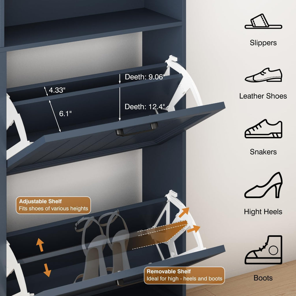 Shoe Storage Cabinet with 4 Flip Drawers, Farmhouse Modern Hidden Shoes Rack Cabinet with Adjustable Shelves & Open