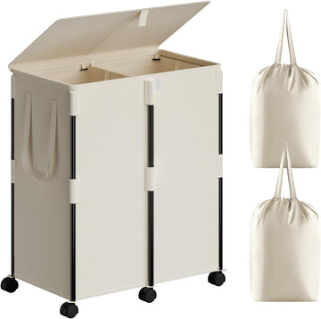 140L Double Laundry Hamper with Lid and 6 Wheels, Rolling Laundry Basket | Metal Frame Laundry Sorter 2 Section with