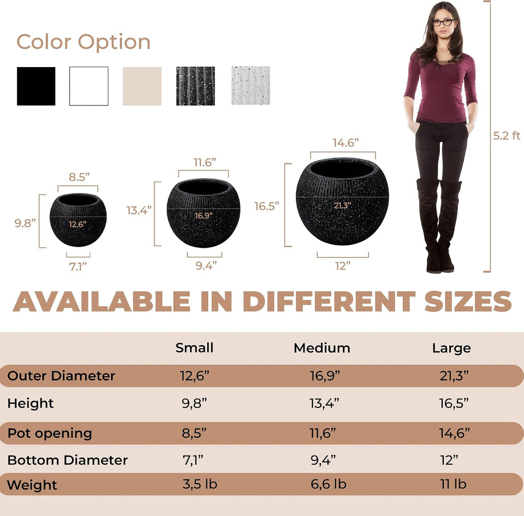Marlo Fiberstone Round Planter, Ribbed Finishes (L, Black) | Lightweight, UV & Crack Resistant, Modern Minimalist