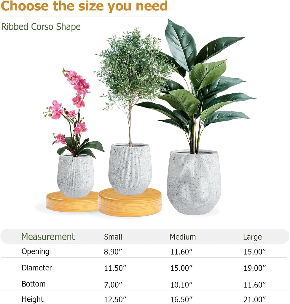 21" H x 19" D Premium Corso Fiberstone Planter - Speckled White | 15" Pot Opening, Ribbed, Included 2 Extra Coco