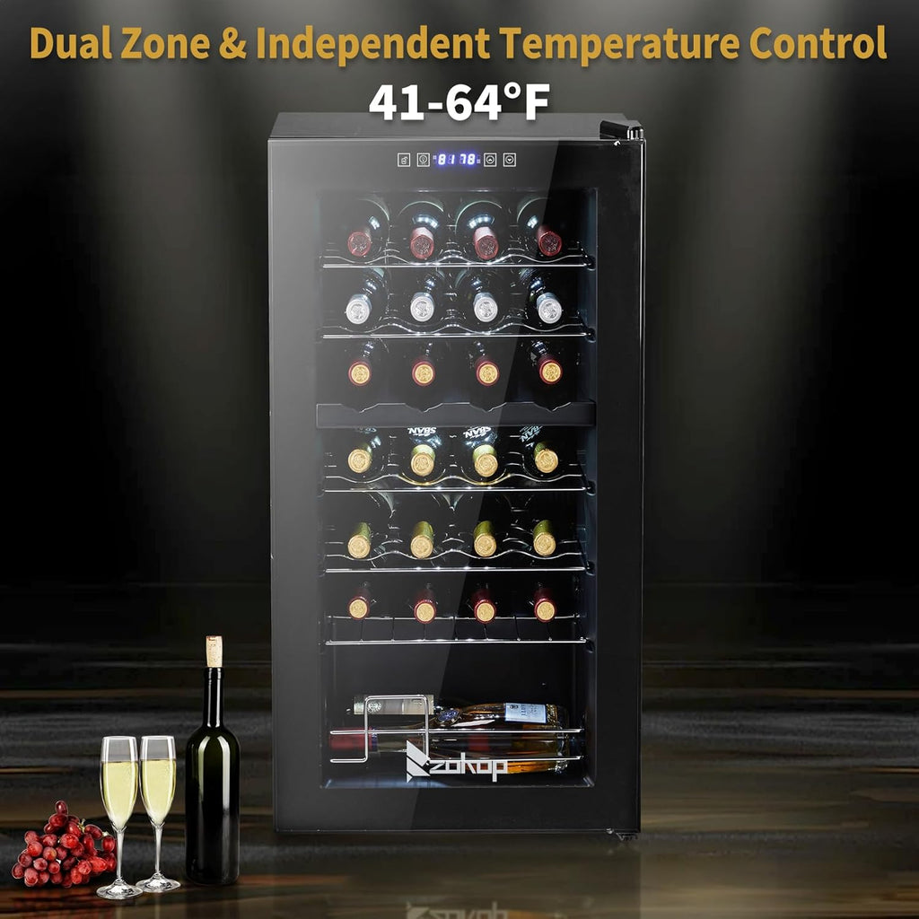 28-Bottle Dual Zone Compressor Wine Cooler, Freestanding Compact Mini Wine Fridg