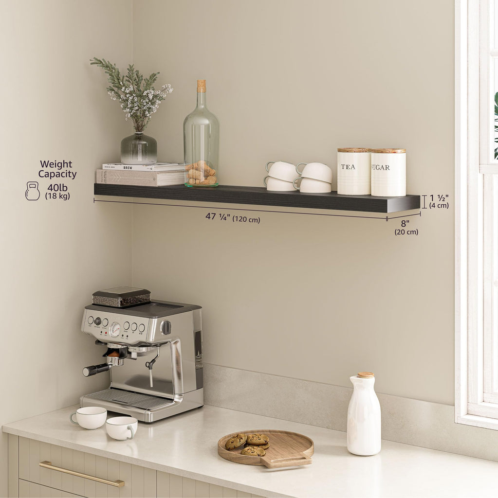 Floating Shelf, 48" Wood Wall Shelf with Invisible Brackets, 8" Deep, Black