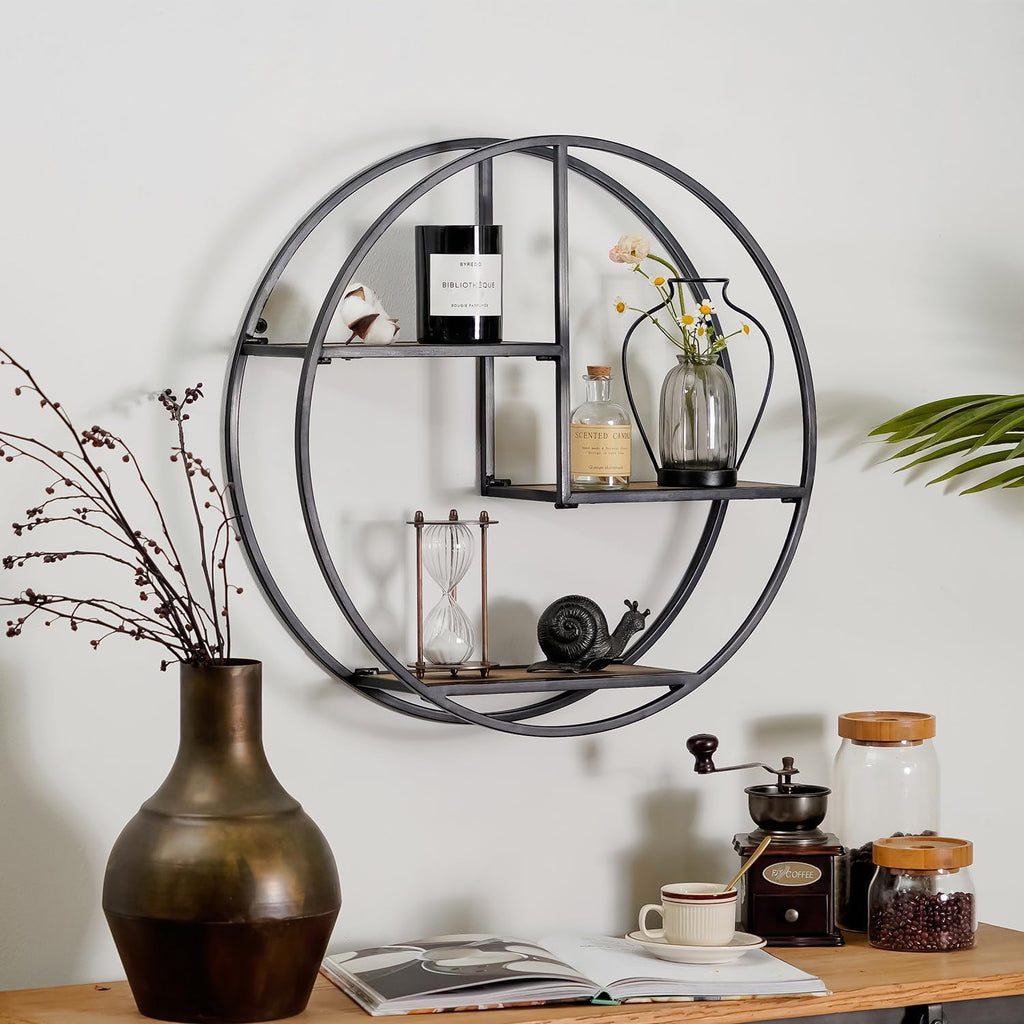 3 Tier Industrial Style Foldable Circle Wall Shelves | 21" x 21", no assembly required, foldable wall mounted shelves