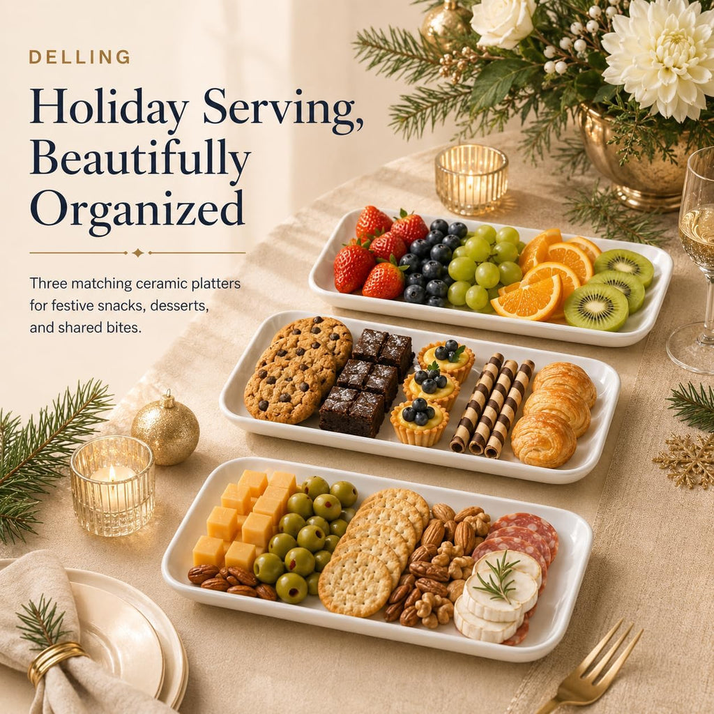 14 Inch Large Serving Platter Set of 3, White Porcelain Serving Trays for Entertaining, Rectangular Platters for