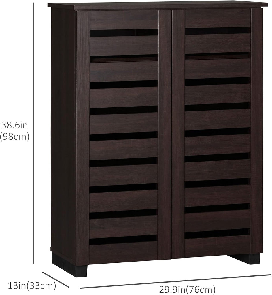 Slim Shoe Cabinet 2 Slatted Doors, 5-Tier Shelving Cupboard for 15 Pairs of Shoes, Narrow Entryway Storage Unit, Dark
