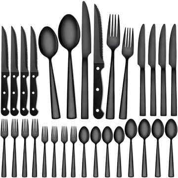 24 Piece Silverware Set for 4 With Steak Knives, Stainless Steel Black Flatware, Utensils, Tableware Cutlery , Hand