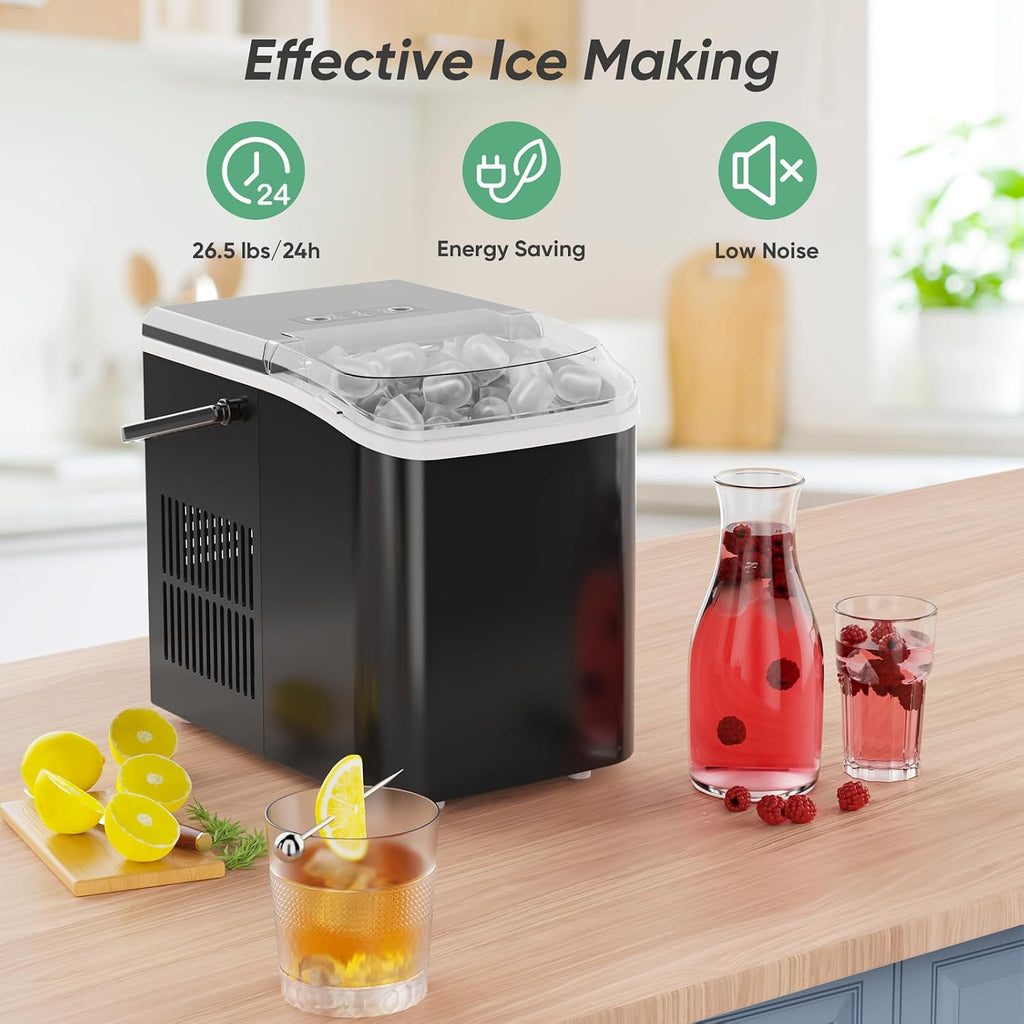 Countertop Ice Maker with Handle, 26lbs/24H Portable Ice Machine, 9 Bullet Cubes Ready in 6 Mins, Self-Cleaning