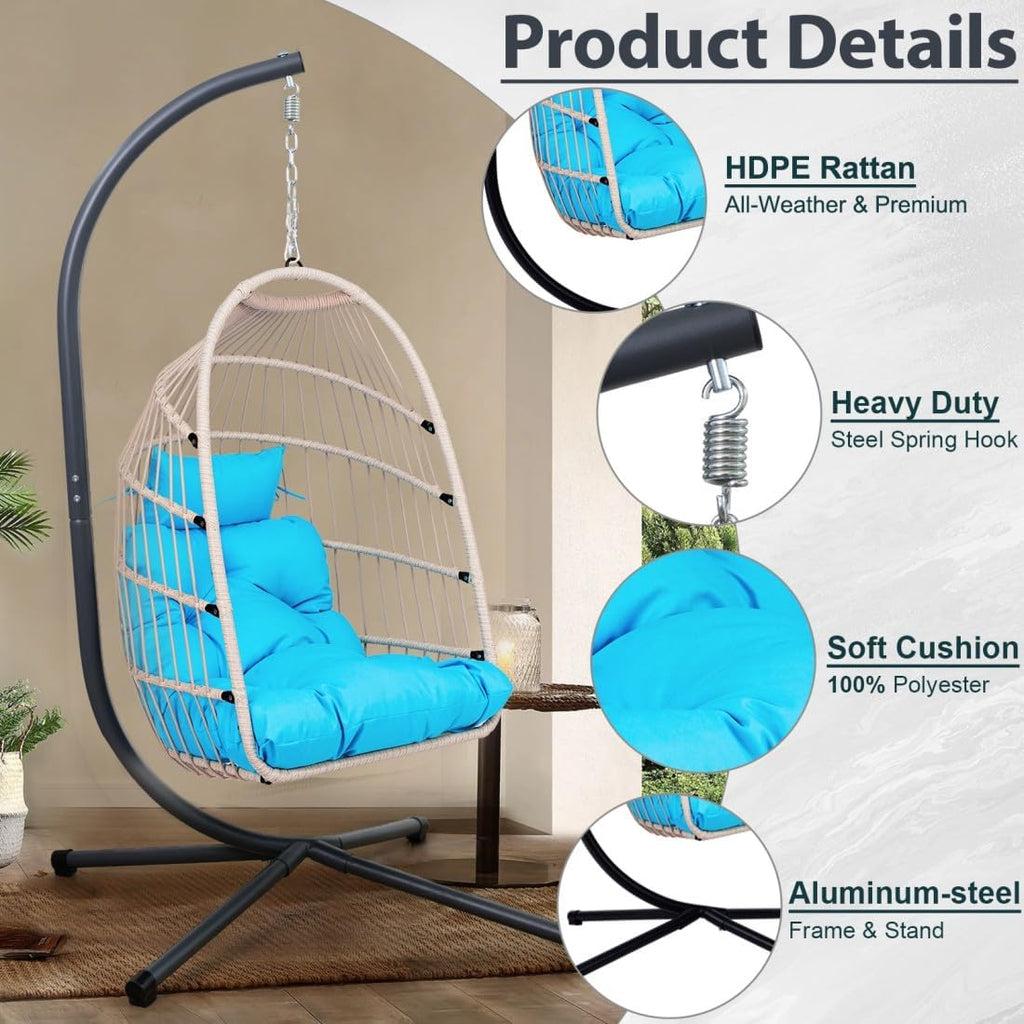 Hanging Egg Chair with Stand,Heavy Duty Indoor Outdoor Swing Chair with Cushion and Pillow, Wicker Hammock Egg Chairs