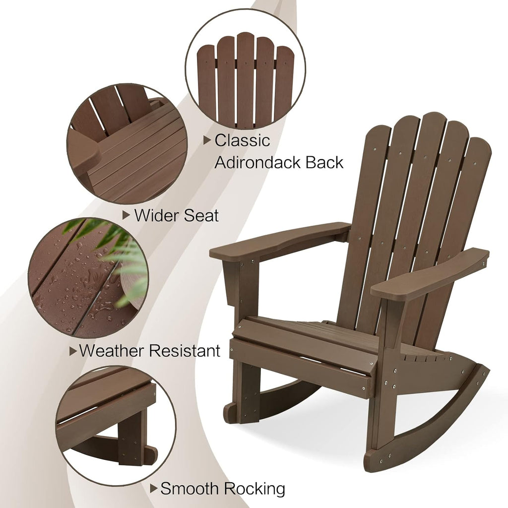Adirondack Patio Rocking Chair, Brown | Eco-Friendly Wood-Style Outdoor Patio Rocker - Heavy Duty 350 lbs Capacity