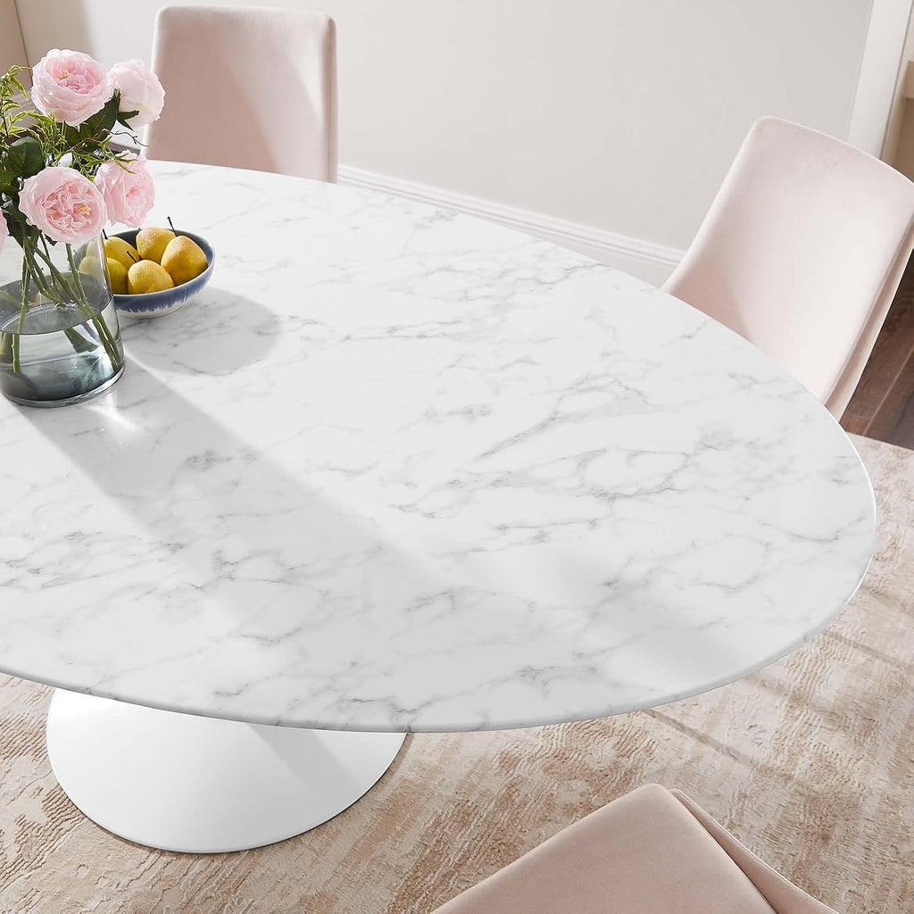 Inspired Saarinen Style Tulip Oval Pedestal Dining Table — White Base / Marble Top, 78″ Oval