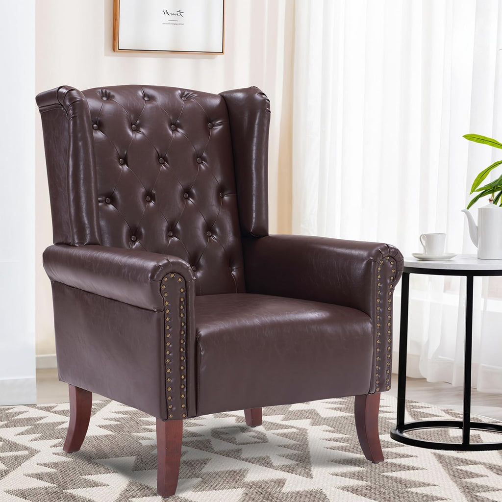 PU Leather Accent Chair Modern Wingback Armchair Club Sofa Chair High Back Living Room Chair , Lounge (Caramel)