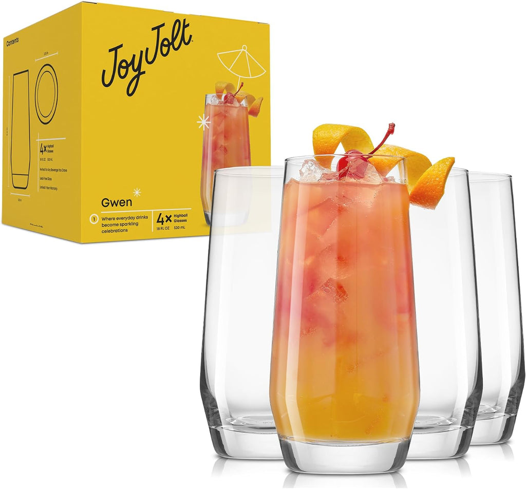 Gwen 18.5 oz Highball Glasses, 4pc Tall Glass Sets. Lead-Free Crystal Glass Drinking Glasses. Water Glasses, Mojito