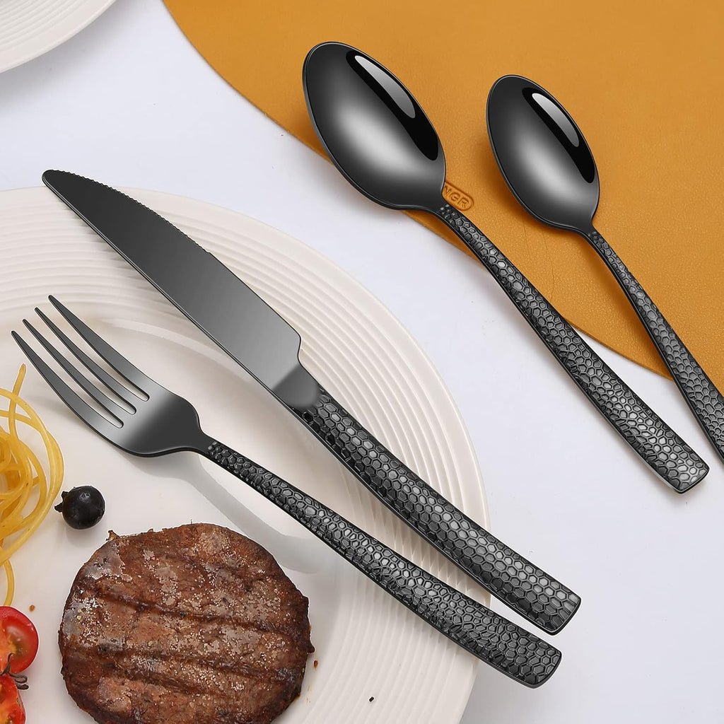 20-Piece Silverware Set, Black Hammered Stainless Steel Flatware for 4, Food-Grade Tableware, Including Fork, Knife