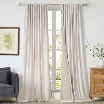 Blackout Ivory Off White Velvet Curtains 90 inch Long, Set of 2 Panels Liner Rod Pocket Back Tab Thermal Window