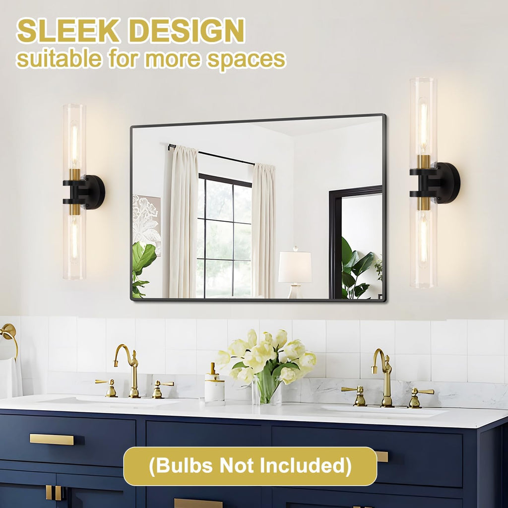 Hardwired Wall Sconces Set of Two, 22" Black and Gold Bathroom Sconces with Clear Glass, Modern Sconces Wall Decor