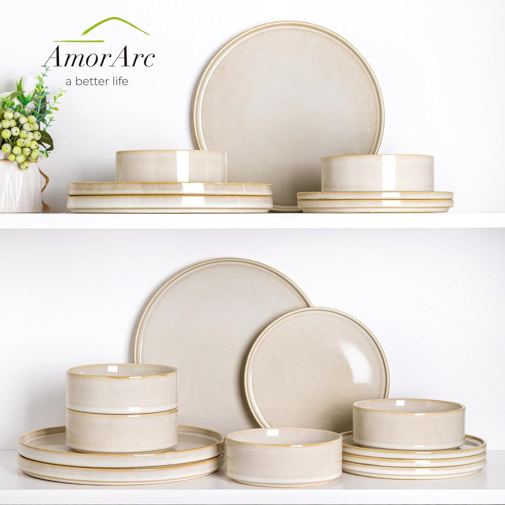 Ceramic Dinnerware Sets, Handmade Reactive Glaze Stoneware Plates and Bowls Sets,Highly Chip and Crack Resistant |